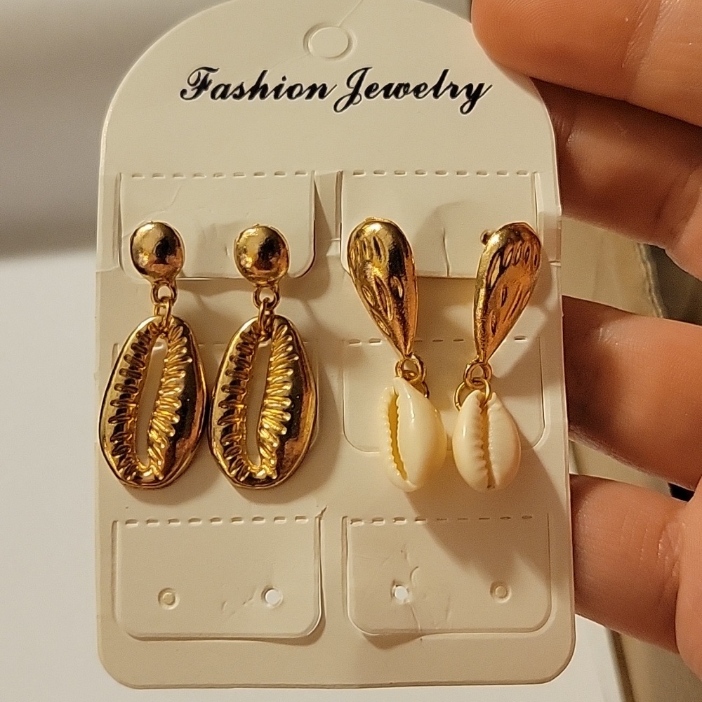 Two Pairs Of Peirced, Gold Tone & Shell Earrings Set NIP Fashion Jewelry